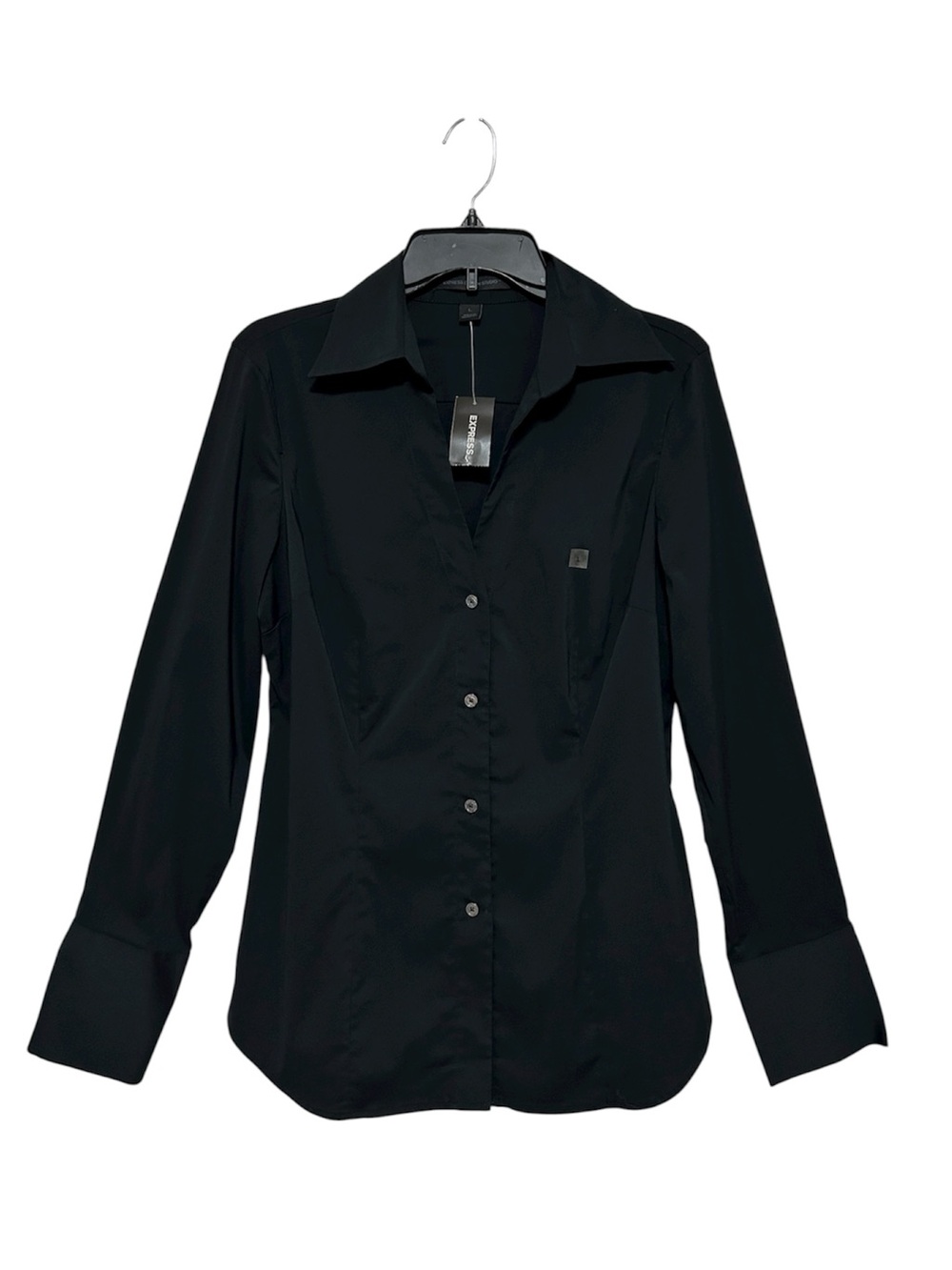 Express‎ Design Studio Cotton Stretch Black Fitted Collared Button Down Shirt L